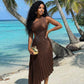 Solid color cut out waist pleated dress in brown