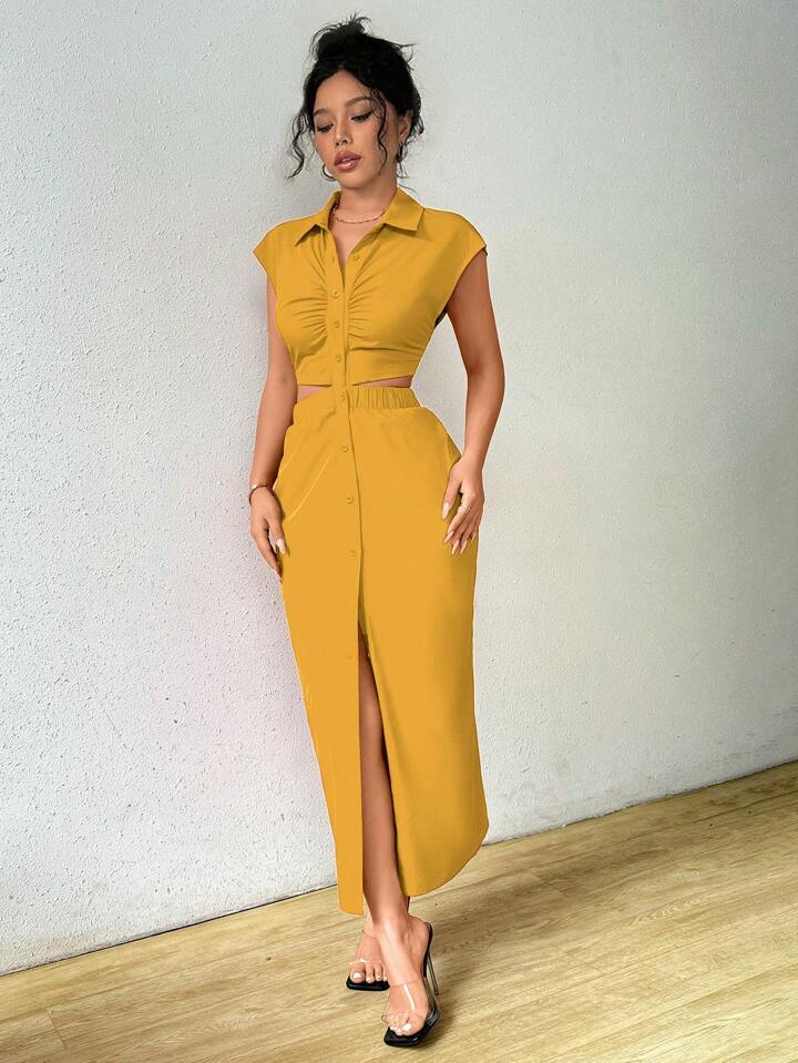 Solid color front button cut out midi dress in yellow