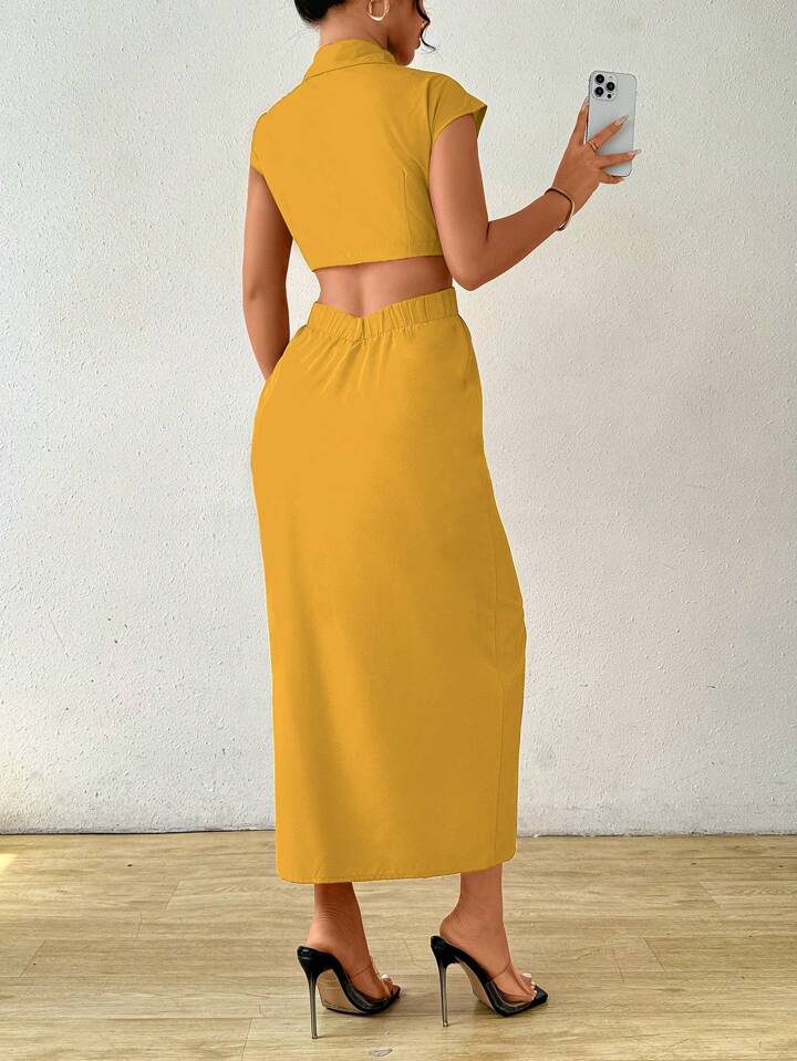 Solid color front button cut out midi dress in yellow