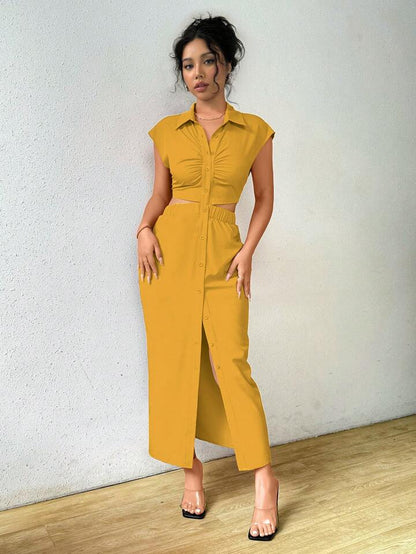Solid color front button cut out midi dress in yellow