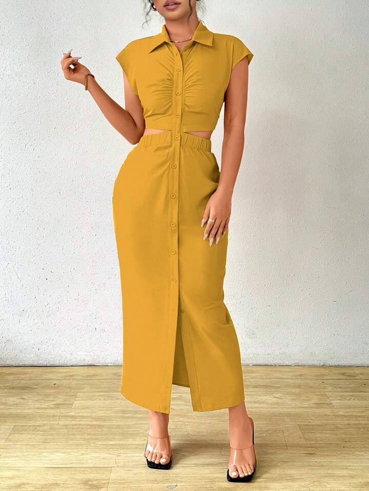 Solid color front button cut out midi dress in yellow