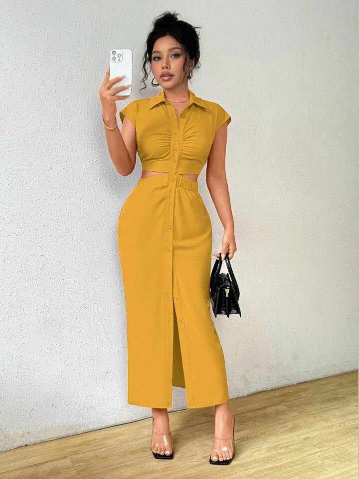 Solid color front button cut out midi dress in yellow
