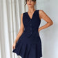 Solid color front button vest & pleated skirt set in navy