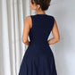 Solid color front button vest & pleated skirt set in navy