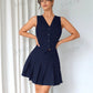 Solid color front button vest & pleated skirt set in navy