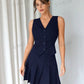 Solid color front button vest & pleated skirt set in navy