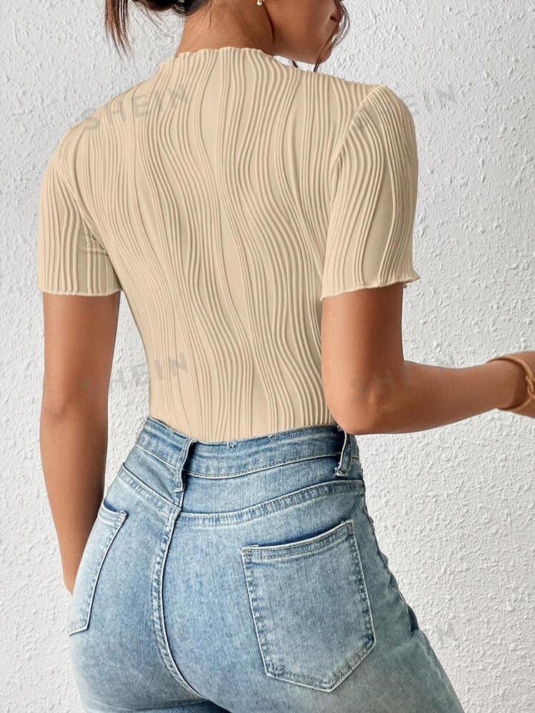 Solid color round neck hollow out short sleeve bodysuit in nude