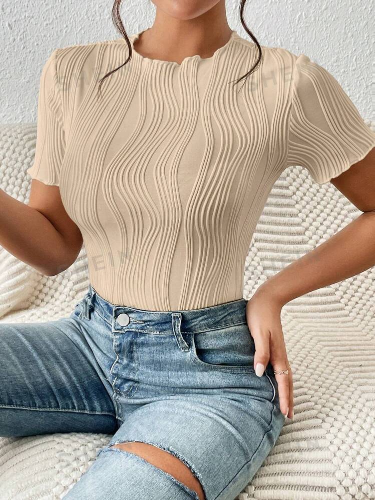 Solid color round neck hollow out short sleeve bodysuit in nude