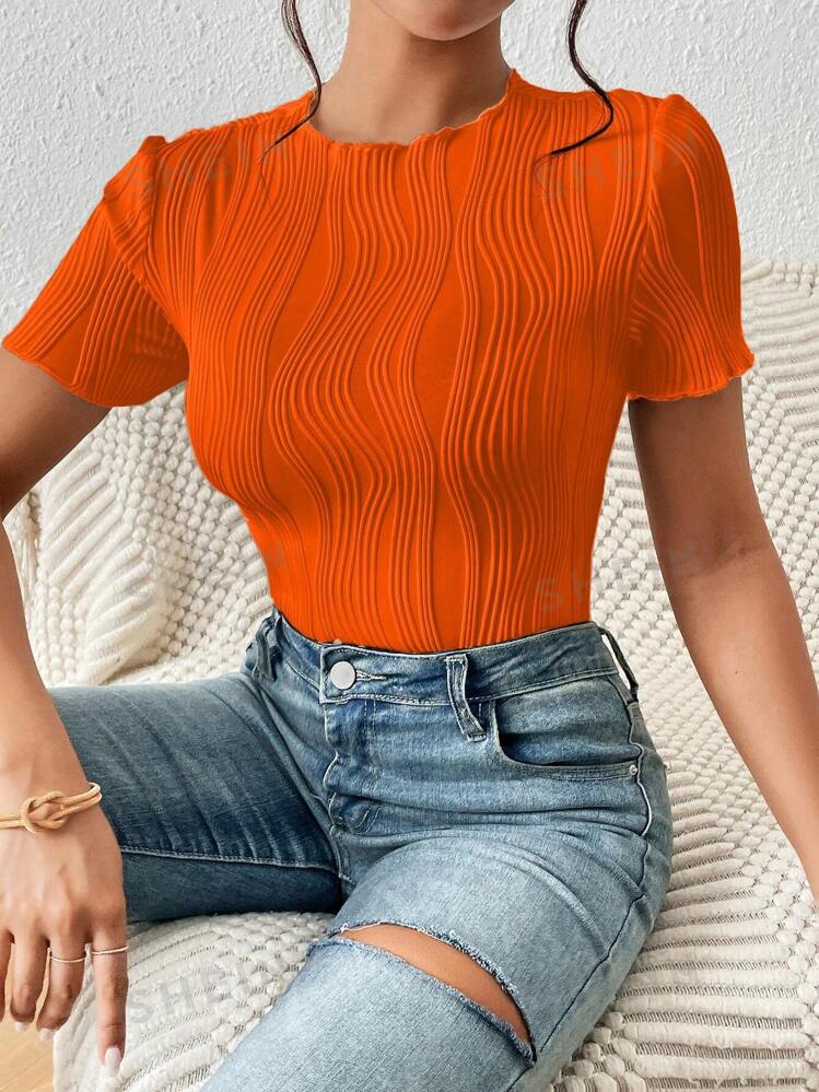 Solid color round neck hollow out short sleeve bodysuit in orange