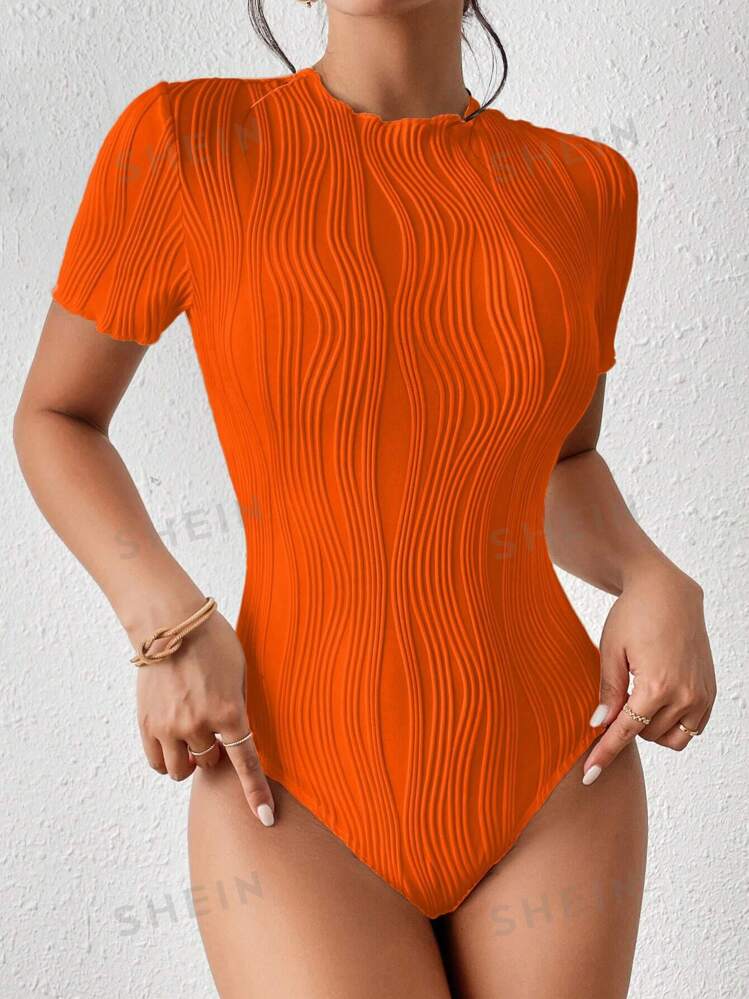 Solid color round neck hollow out short sleeve bodysuit in orange