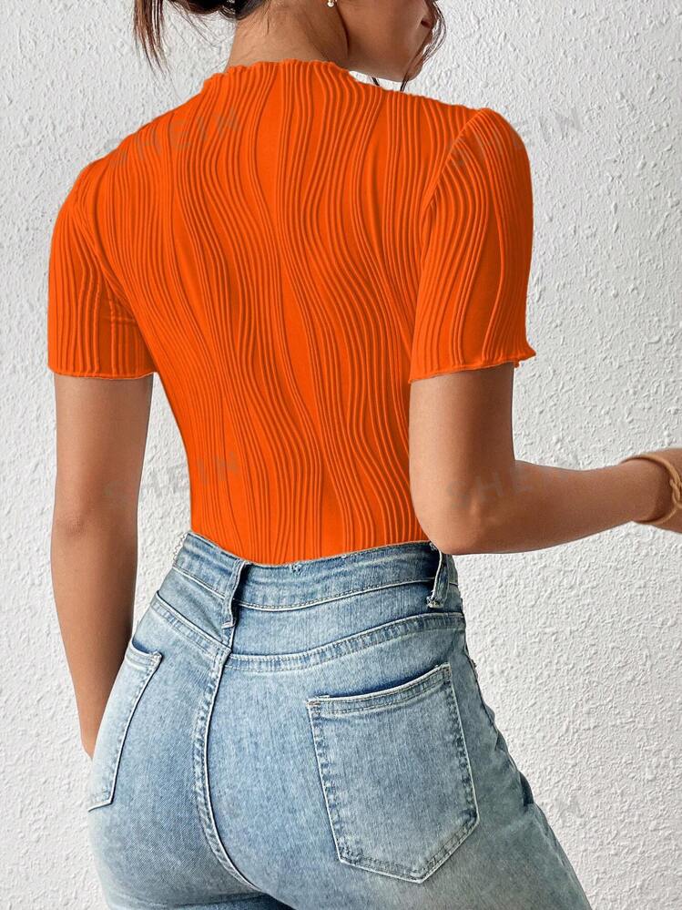 Solid color round neck hollow out short sleeve bodysuit in orange