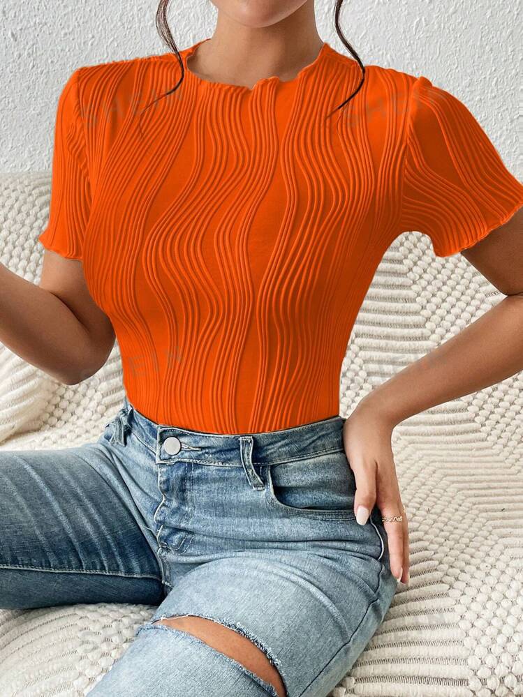Solid color round neck hollow out short sleeve bodysuit in orange