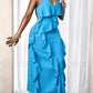 Solid color ruffled maxi dress in blue