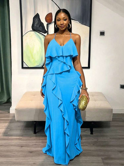 Solid color ruffled maxi dress in blue