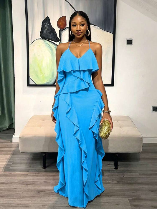 Solid color ruffled maxi dress in blue