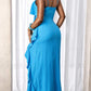 Solid color ruffled maxi dress in blue