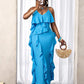 Solid color ruffled maxi dress in blue