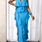 Solid color ruffled maxi dress in blue