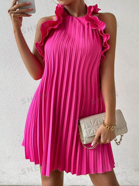 Solid color ruffle trim pleated backless dress in pink