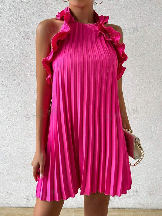 Solid color ruffle trim pleated backless dress in pink