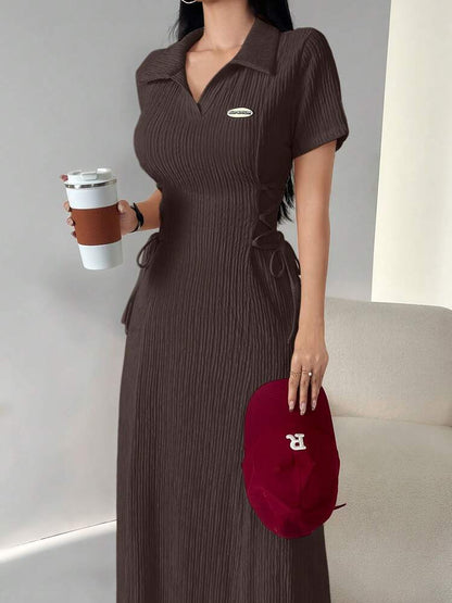 Solid color side tie waist short sleeve dress in brown
