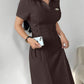 Solid color side tie waist short sleeve dress in brown