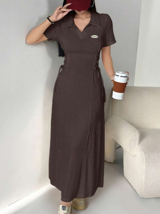 Solid color side tie waist short sleeve dress in brown