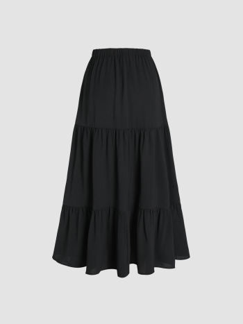 Solid elastic waist ruffle hem tiered hem midi skirt in black