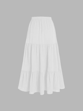 Solid elastic waist ruffle hem tiered hem midi skirt in white