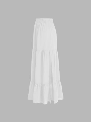 Solid elastic waist ruffle hem tiered hem midi skirt in white