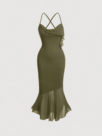 Solid lettuce trim mermaid hem cami dress in army green