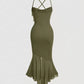 Solid lettuce trim mermaid hem cami dress in army green