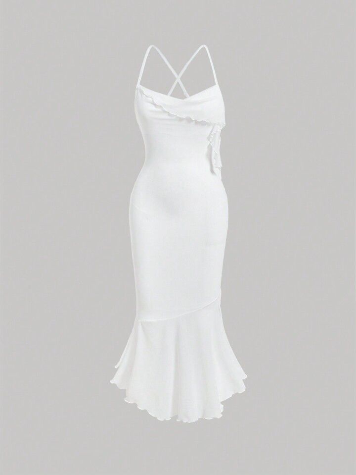 Solid lettuce trim mermaid hem cami dress in white