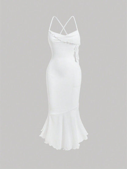 Solid lettuce trim mermaid hem cami dress in white