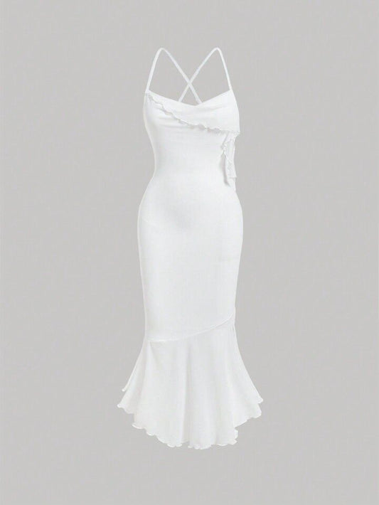 Solid lettuce trim mermaid hem cami dress in white