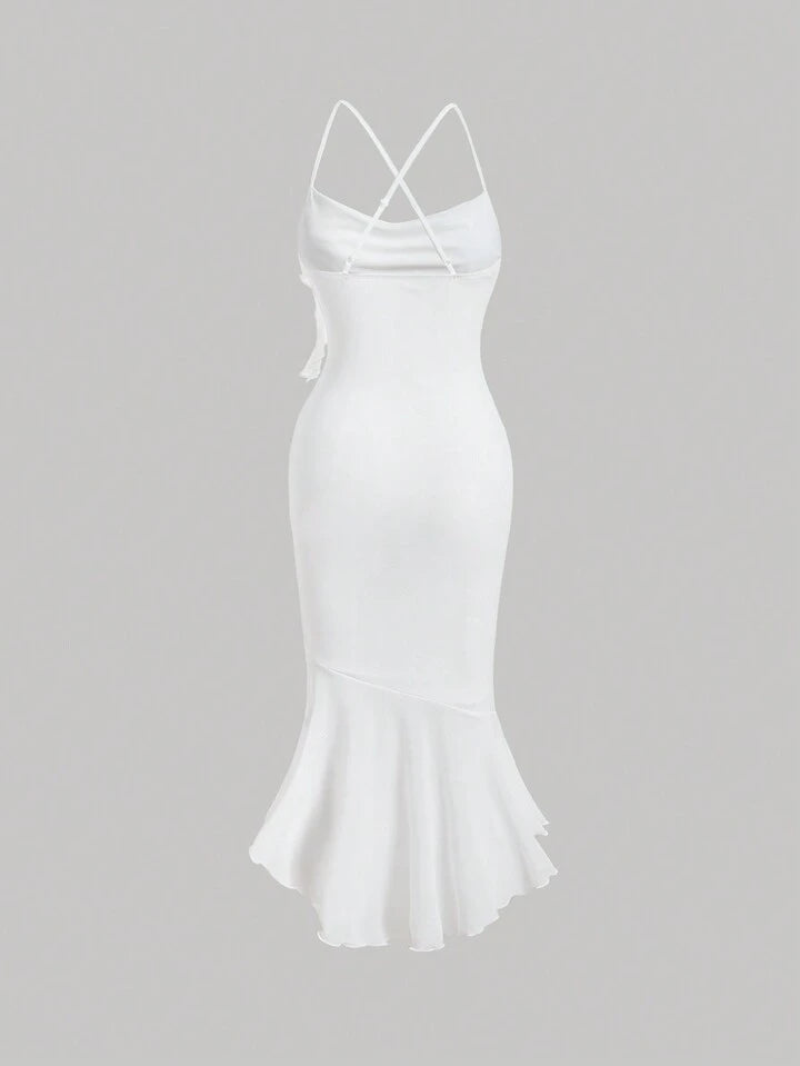 Solid lettuce trim mermaid hem cami dress in white