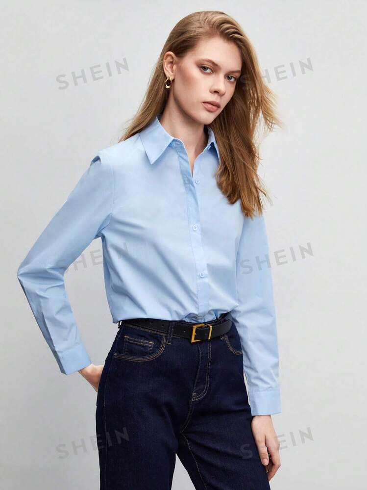 Solid long sleeve button down shirt in blue