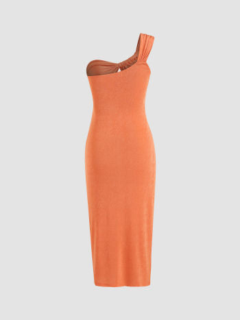 Solid one shoulder midi dress in orange