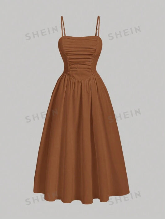 Solid ruched slim fitting gathered waist cami dress in brown