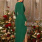Solid ruched wrap hem dress long sleeve bodycon maxi in green