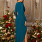 Solid ruched wrap hem dress long sleeve bodycon maxi in teal