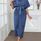 Solid ruffle denim effect belted shirt dress in blue