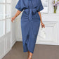 Solid ruffle denim effect belted shirt dress in blue