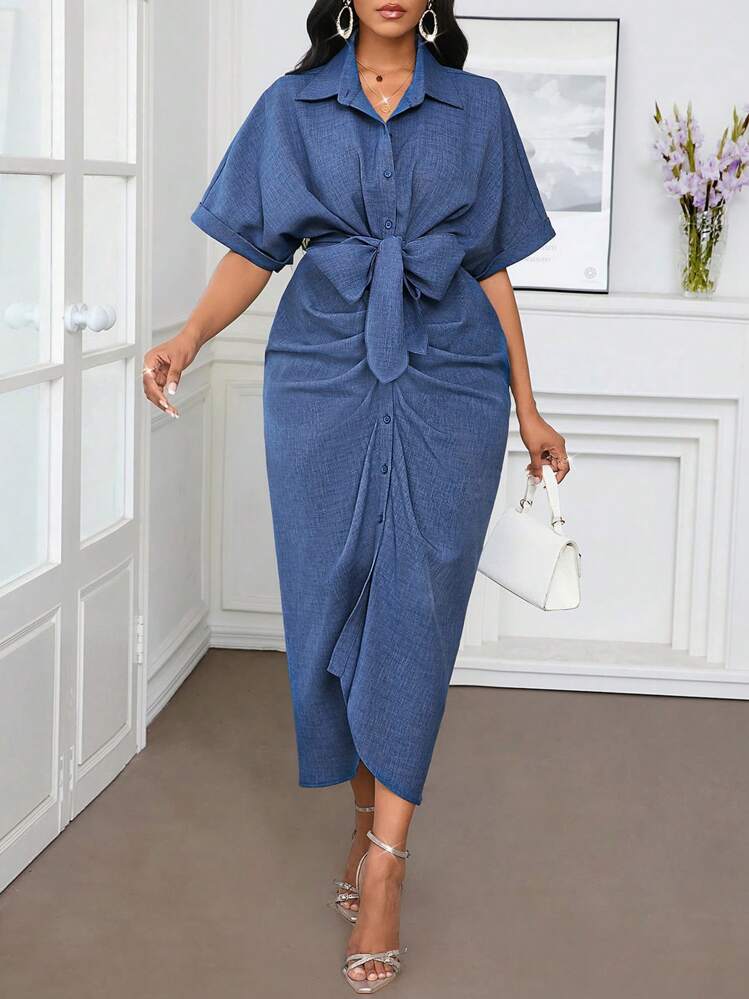 Solid ruffle denim effect belted shirt dress in blue