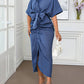 Solid ruffle denim effect belted shirt dress in blue