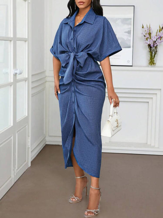 Solid ruffle denim effect belted shirt dress in blue