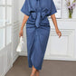 Solid ruffle denim effect belted shirt dress in blue