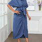 Solid ruffle denim effect belted shirt dress in blue