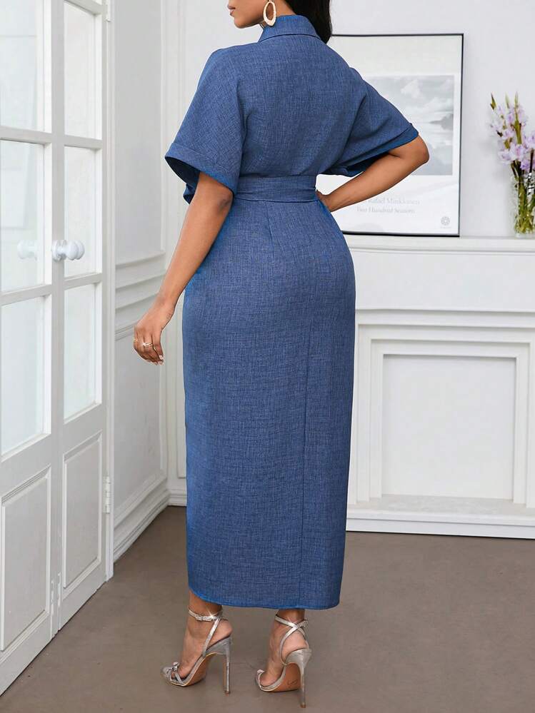 Solid ruffle denim effect belted shirt dress in blue