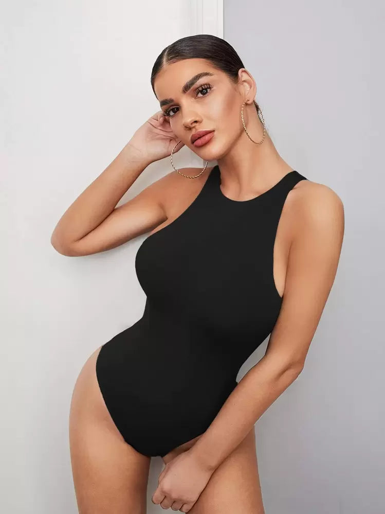 Solid sleeveless tank bodysuit in black